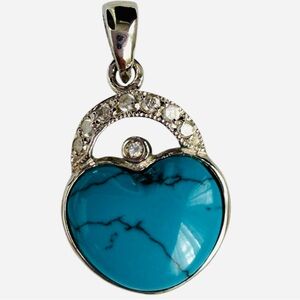 Delicate Turquoise Sterling Silver Crystal Rhinestone Heart Necklace Pendant